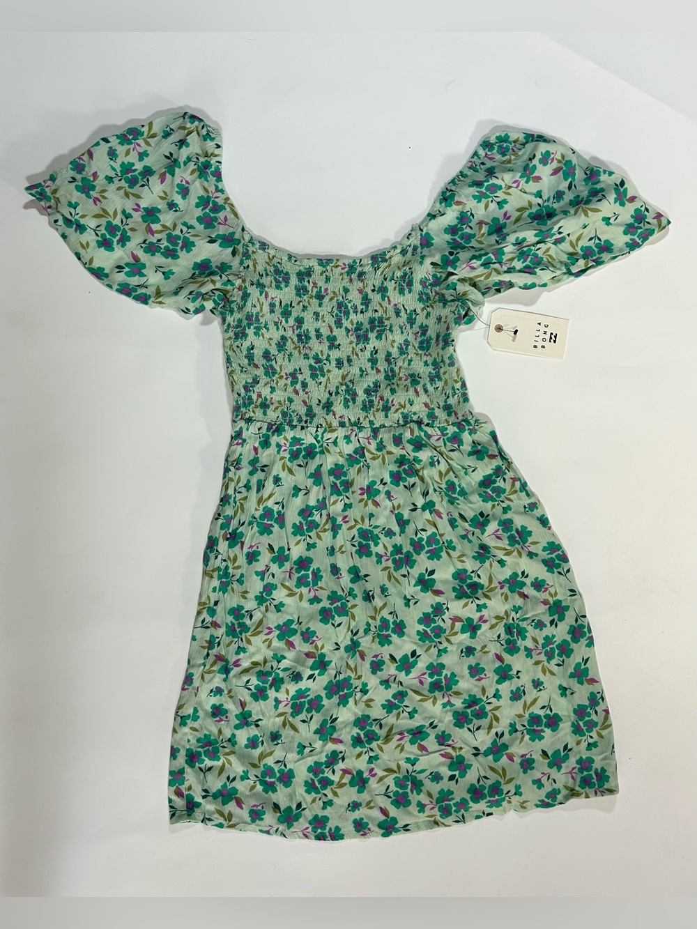 Billabong Mint Green Floral Smocked Puff Sleeve Mini Dress Small